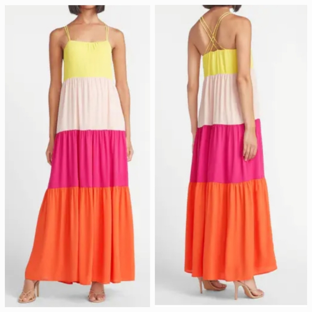 Express Tiered Spaghetti Straps Kriss Kross Back Colorblock Maxi Dress